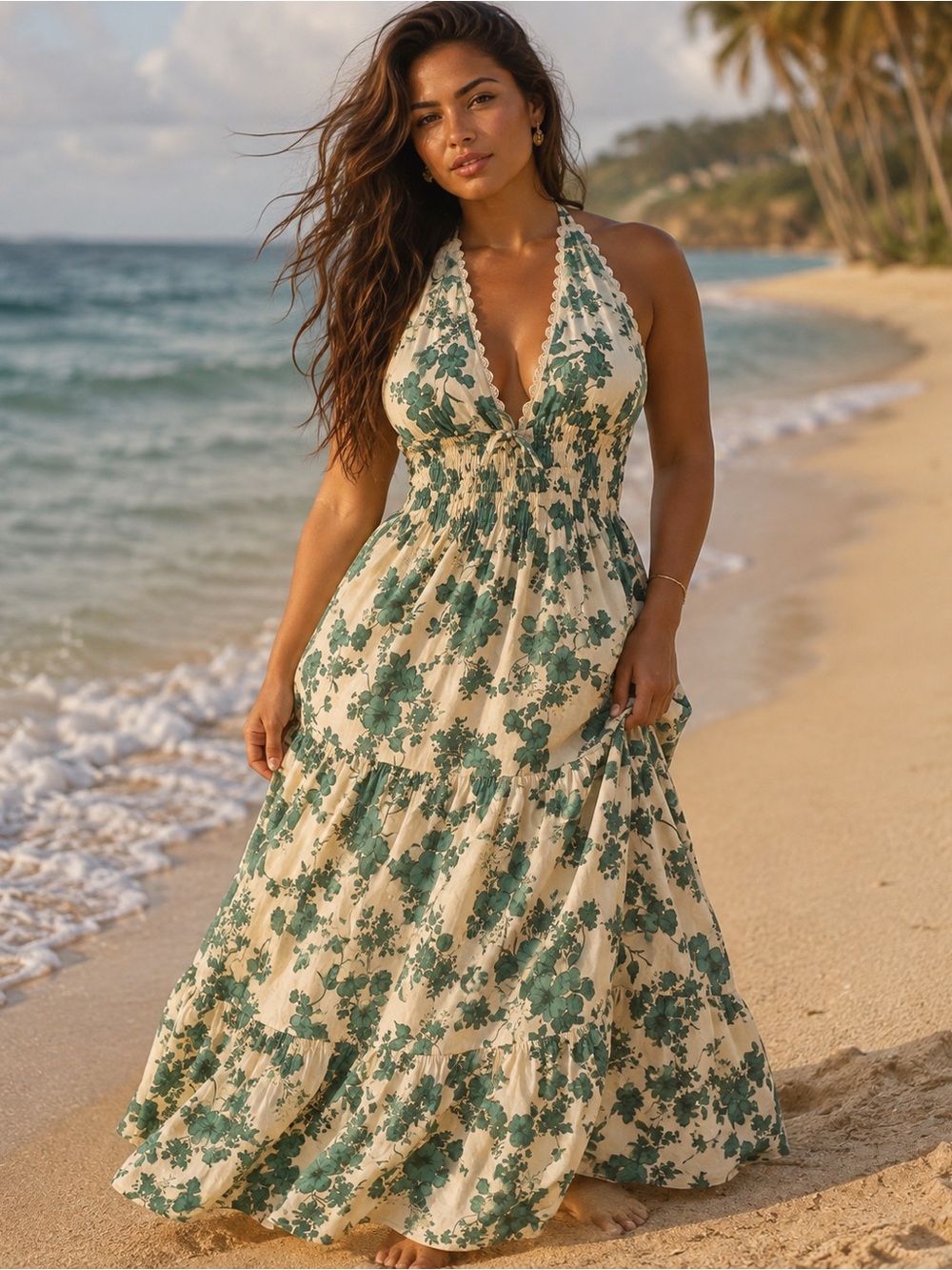 Monteau Los Angeles Size M Green Floral Halter Maxi Dress With Pockets | Exotic
